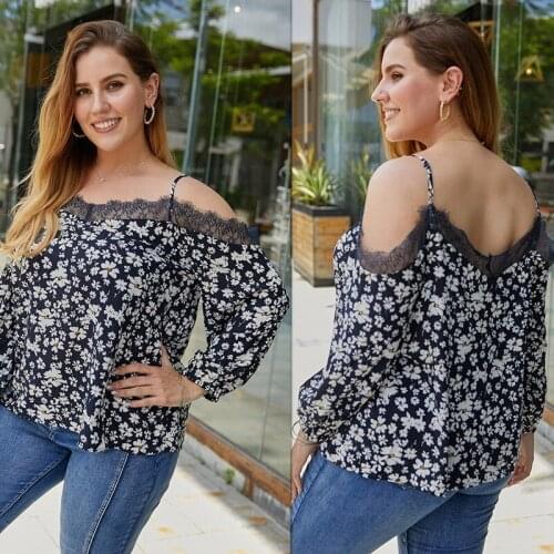 Sexy Off the Shoulder Floral Women Blouses Plus Size Suspender Tops Lace Patchwork Autumn Long Sleeve Shirt