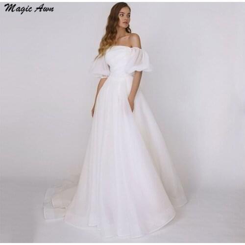 Magic Awn Off The Shoulder Organza Wedding Dresses Short Sleeves Boho Princess Bridal Gowns A-Line Simple Beach Vestidos Novia