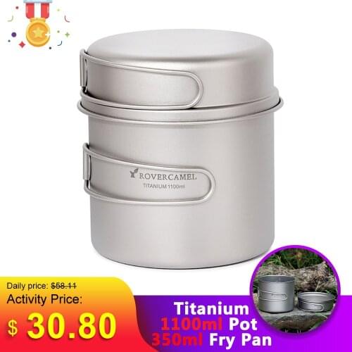 Ultralight Titanium Cook Set Outdoor Camping Cookware Set 1100ml Pot 350ml Fry Pan Picnic Cookware Tableware with Folding Handle