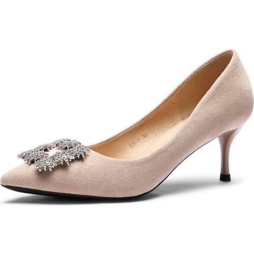 Thin High Heels Pumps Women Shoes women pumps Flock Rhinestones Slip On 6.5CM Pointed Toe Shallow zapatos de mujer heels black