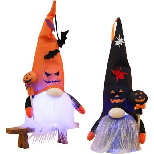 Halloween Gnome Decoration Light Up Swedish Tomte Gnome Christmas Faceless Plush Doll with Pumpkin Lollipop Home Decorations