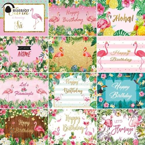 Allenjoy Summer Flamingo Vinyl Background Baby Shower Happy Birthday Party Wallpaper Tropical Palm Leaf Wood Shiny Photography