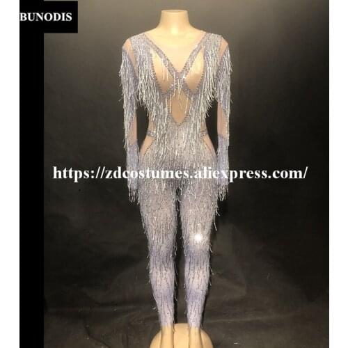 ZD419 Women Sexy Jumpsuit Silver Tassel Bling Sparkling Crystals Bodysuit Nightclub Party Stage Wear Dancer Singer Costumes