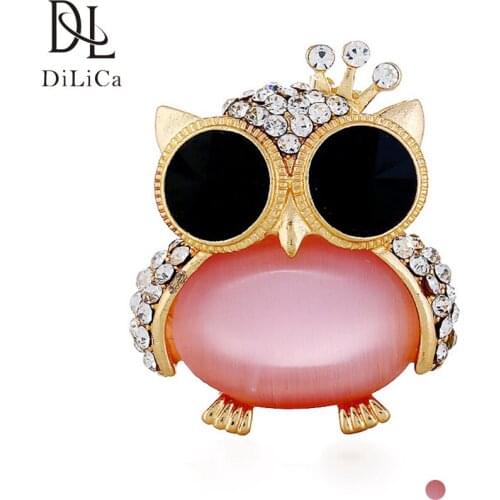 DiLiCa Womens Brooch Cute Animal Brooches Pins Rhinestone Alloy Owl Charming Clip Pin Brooches Female Corsage Jewelry Broches