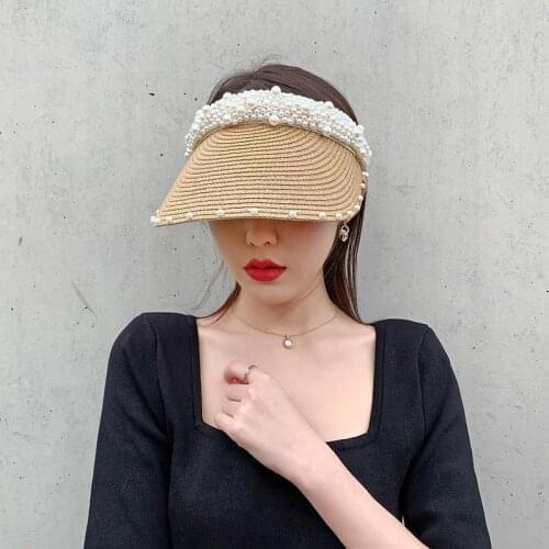 2021 Summer Hat For Womens Hand-made Pearl Sun Empty Hat Korean Fashion Big Edge Beach Sun Cap Gorros