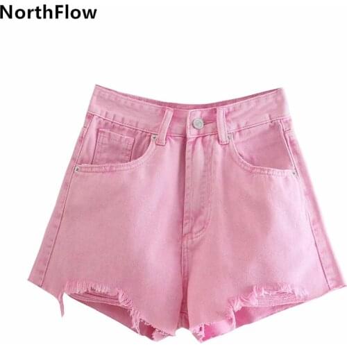 Northflow Denim Shorts Women Faldas Mujer moda High Waist Pink Burr Ripped Tassel Vintage Harajuku Saia Shorts Womens