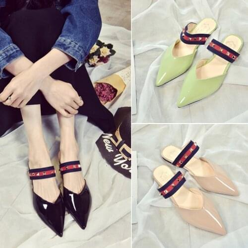 Female Summer 2018 New Patent Leather Pointed Word Drag Lazy Outside Wearing No Heel Slippers