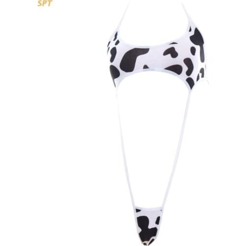 Women Anime Cute Black White Milk Cow Print Bikini Bodysuit Sexy Halter Backless Cutout Micro Jumpsuit Strappy Erotic Cosplay XX