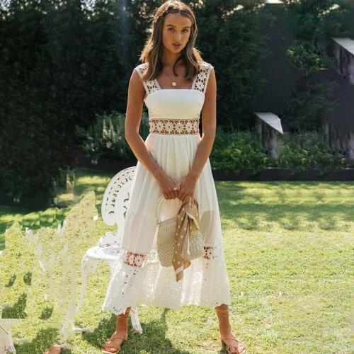 Womens Maxi Dress Sexy Backless Solid Lace Hook Flower Hollow Patchwork Boho Tank Dresses 2021 For Women Party Robes Sundress