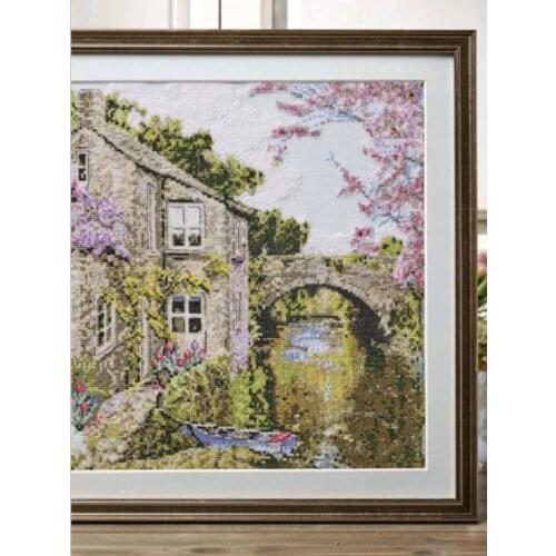 Gold Collection Lovely Counted Cross Stitch Kit Riverside Retreat Spring Cottage Cherry blossoms Wisteria boat bridge