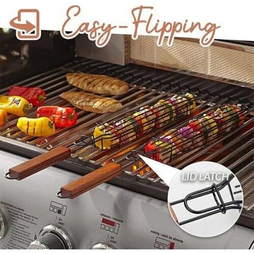 1/2pcs BBQ Kabob Grilling Basket Reusable Durable Anti-Corrosion Wooden Handle Barbecue Tool Kitchen Accessories Barbecue Tools