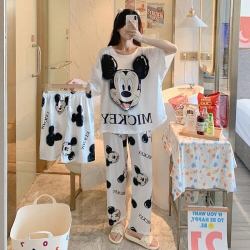 Disney Mickey Mouse Cute Kawaii 3 Pieces Set Ice Silk Pajamas for Women Summer Pajamas Sleepwear Sets Fashion Casual Home Clothe