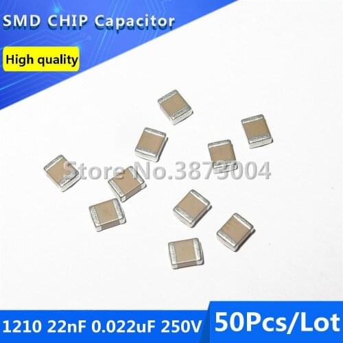 50pcs 1210 22nF 0.022uF 250V 10% Thick Film Chip Multilayer Ceramic Capacitor