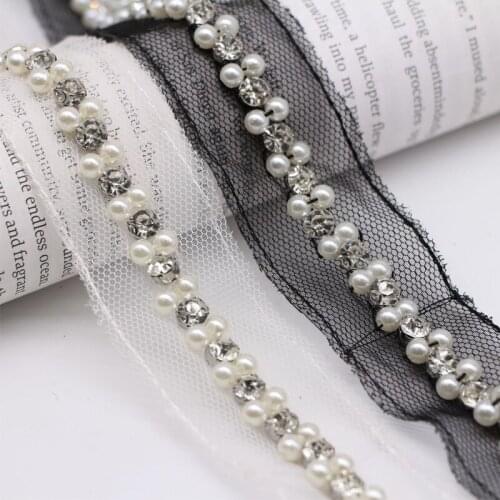 6Yards Handmade White Beads Pearl Trims Rhinestone Mesh Ribbon Crystal Applique Sewing Accessories For Wedding Dress Sash Belt