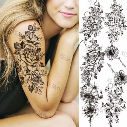 Black Big Rose Peony Temporary Tattoos For Women Girl Compass butterfly Sunflower Fake Tattoos Sticker Snake Arm Realistic Tatoo