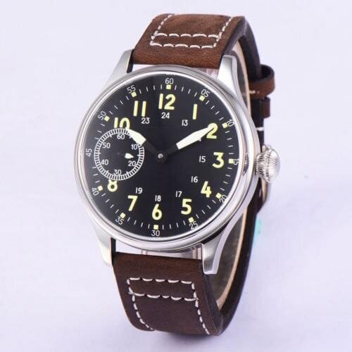 CORGEUT Brand 44mm Hand Winding 6497 Manual Mens Watch Leather Band Round open Backcover