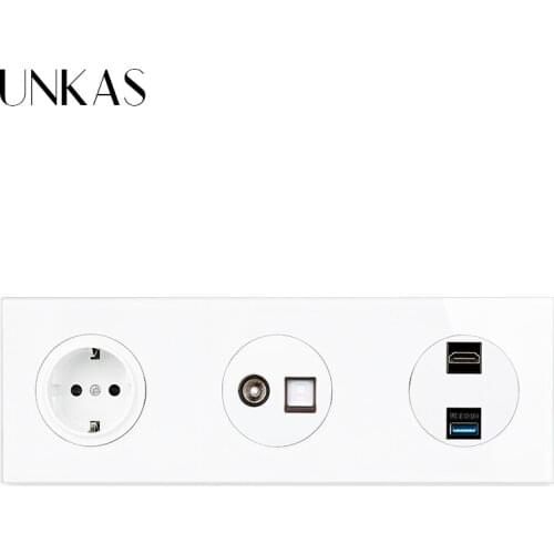 UNKAS EU Wall Socket + Female TV With CAT5E RJ45 Internet Computer Jack + HDMI-Compatible 2.0 USB 3.0 Port Glass Panel Outlet
