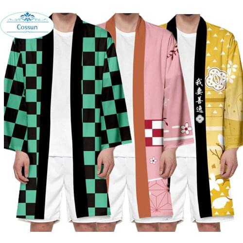 Demon Slayer Cosplay Cloak Kimono Kimetsu no Yaiba Kamado Tanjirou Sabito Costume Halloween Long Haori Tops for Adult Kids