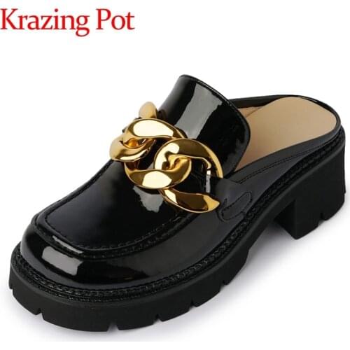 Krazing pot genuine leather round toe high heels thick bottom metal solid energy fasteners high fashion slip on shoes women L60