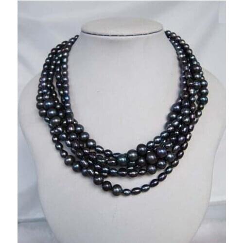 New Arriver,Handmade Pearl Jewellery,6Rows Black Rice Freshwater Pearl Necklace,Shell Flower Clasp,Perfect Women Jewelry Gift