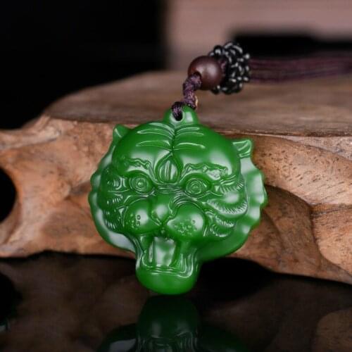 Green Jade Tiger Head Pendant Necklace Natural Chinese Carved Jadeite Jewelry Charm Amulet Fashion Gifts for Women