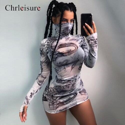 CHRLEISURE Women High Collar Dress Sexy Mesh Printing Long-sleeved Slim Tight Dress Autumn Fashion Women Dress