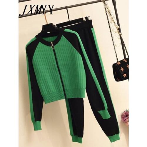 Casual Two-Piece Sweater Cardigan Jacket Women Autumn New Womens Knitted Suit Fashion Baseball Sports Zip Top And Pants Set