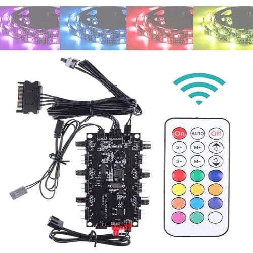 SATA Power Supply 1 To 6 Fan HUB 5V 4 Pin PWM 3pin ARGB Splitter For PC LED Light Cooler Controller With Wireless IR Remote