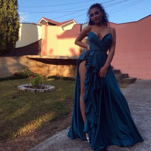 Sexy V Neck Satin Ruffles Prom Dress Spagetti Straps A Line High Split Long Evening Dress Formal Party Gowns Robe De Soiree