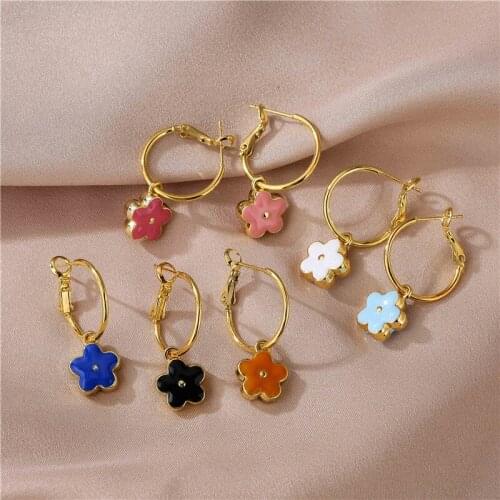 HECHENG,1 Pair,Trend Huggie Earrings,Flower Charm Drop Oil Earrings For Women,Gold Plated Jewelry,Wholesale
