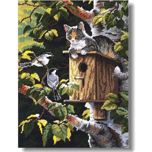 High Quality Counted Cross Stitches Kit The Animal Of Cat On Birdhouse The Bird On Tree Free Landscape Shipping