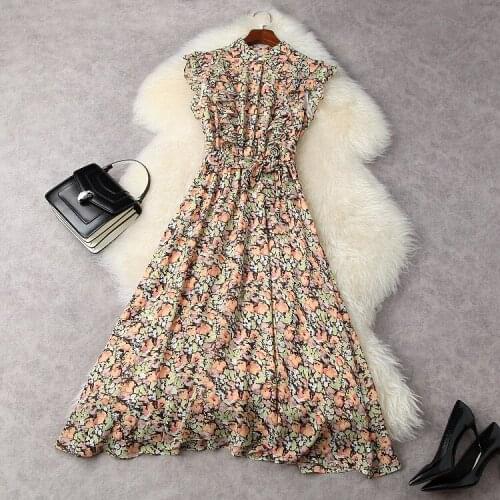 European and American womens wear for summer 2021 Sleeveless lapel printed with wood ear edge lace-up Fashion pleated dress