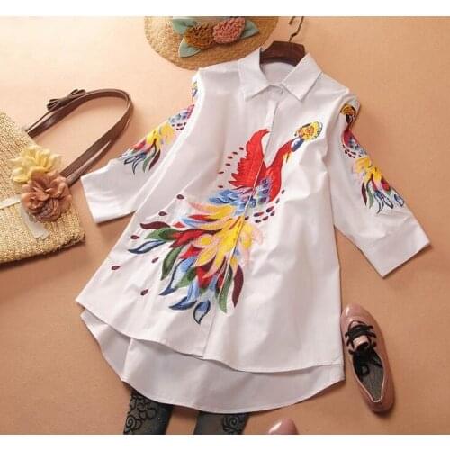 Womens Spring peacock embroidery white Shirt Female Vintage National Loose Casual Plus Size Long Shirt Blouse TB696