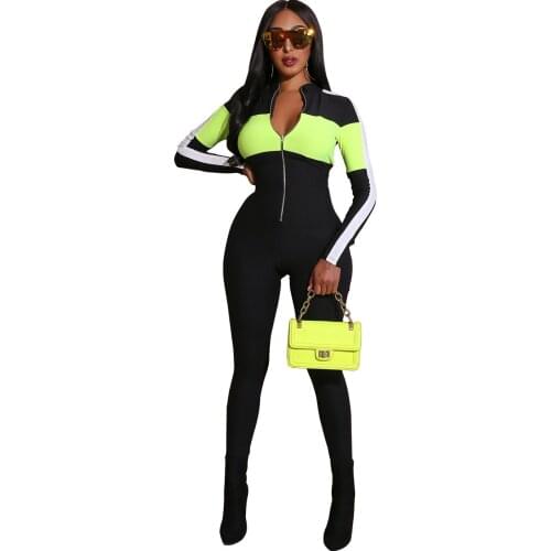 Women Jumpsuits Contrast Color Sportswear Long Sleeve Zipper Fitness Skinny Casual Skinny One Piece overalls for women
