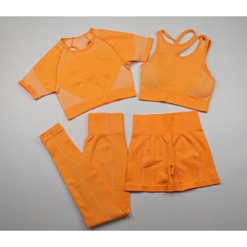 4 Piece Women Seamless Yoga Set Workout Sportwear Short Sleeve Gym Clothing Fitness Crop Top High Waist Leggings Sports Suits