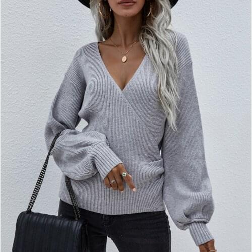 Women Sweater Gray Black V-Neck Winter Fashion 2021 Sweaters Long Lantern Sleeve Solid Casual Pullovers Korean Knit New Fall Top