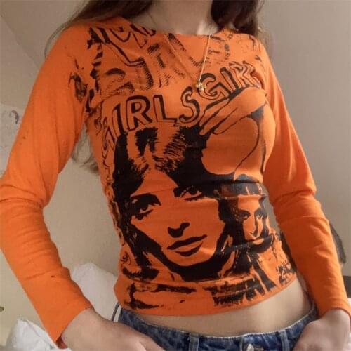 Female Y2K Crop Tops 90s Letters Human Face Print O-Neck Long Sleeve T-Shirt for Spring Summer Green/White/Pink/Orange