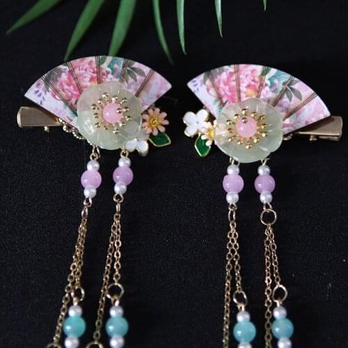 2 pcs Ancient Fan Hair Clips Long Tessal Hanfu Gril Hair Acceaaory Jewelry Handmade Hair Clip