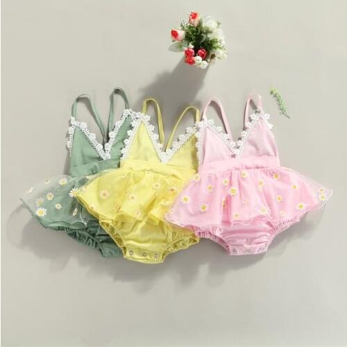 3 Colors Lovely Baby Girls Summer Rompers Princess Toddler Newborn Infant Girls Sleeveless Daisy Rompers Jumpsuits Lace Dress