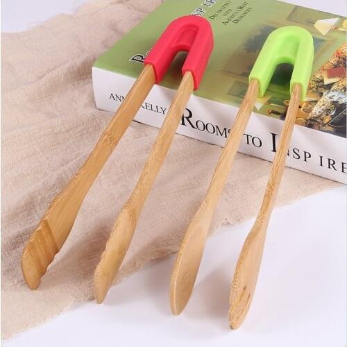 30pcs/lot Bamboo Food Toaster Tongs Wooden Salad Cake Snack Clip Grip Silicone Handle Bread BBQ Tongs Kitchen Tools