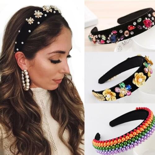 Retro Hair Accessories Floral Hairband for Girls Rhinestone Headband Ladies Pearl Crystal Barlot Style Wedding Headress