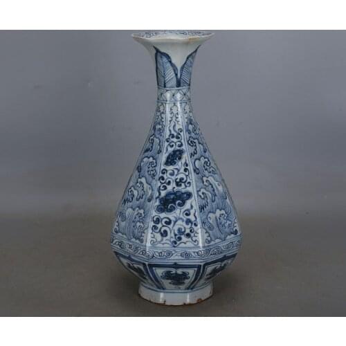 Antique YuanDynasty porcelain vase,blue & white sea water grain bottle,Hand-painted crafts,Decoration,Collection&Adornment