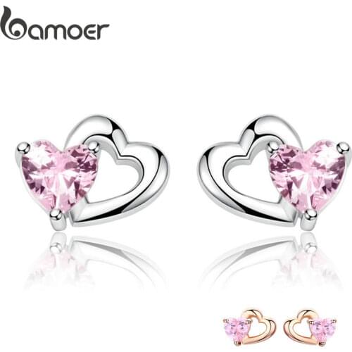 BAMOER 925 Sterling Silver Double Heart to Heart Pink CZ Stud Earrings for Women Brincos Fine Jewelry Bijoux SCE090