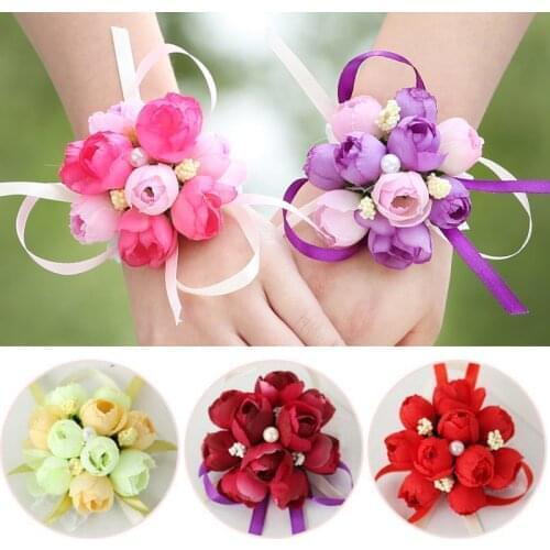 Wrist Flower Rose Silk Ribbon Bride Corsage Hand Decorative Wristband Bracelet For Bridesmaid Wedding Party Bouquet Accessories