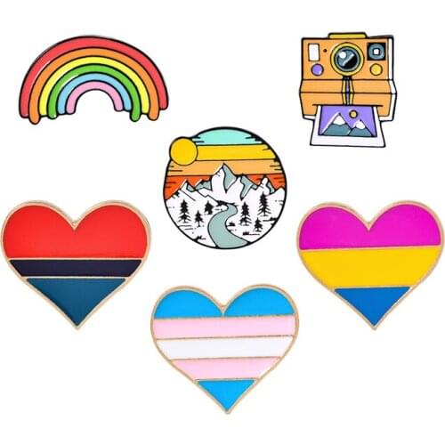 Rainbow mood Lesbian Enamel Brooch I love traveling Creative Lapel Pin photograph travel Sunset snow mountain Fashion Badge