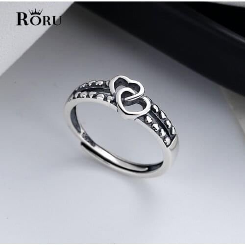 Retro S925 Sterling Silver Double Layer Heart Ring Hollow Rings Adjustable Punk Jewelry for Women Girls Party Engagement Gifts