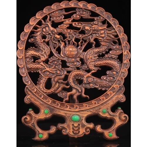 Collection of boxwood hand-carved double dragon play beads plaque