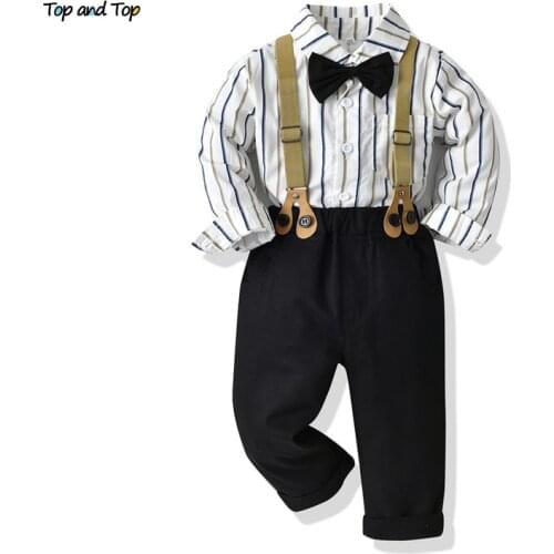 Top and top Toddler Boys Gentleman Clothing Set Kids Boy Long Sleeve Striped Bowtie Shirts Tops+Suspenders Pants Clothes Set