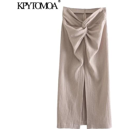 KPYTOMOA Women 2021 Chic Fashion With Knot Front Vents Midi Skirt Vintage High Waist Back Zipper Female Skirts Mujer