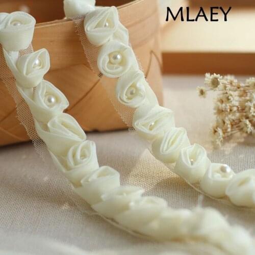 MLAEY 3D Rose Flowers Pearl Lace Dress Decoration Lace Fabric Applique Trimming Sewing Supplies 1yards